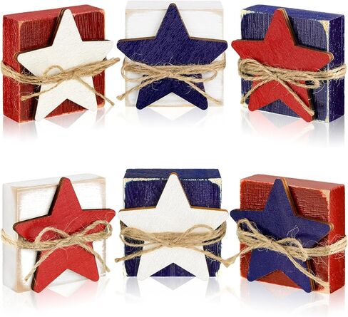 6 Pcs 4th of July Table Decor Patriotic Wooden Sign Star Standing Block Centerpiece for Independence Day Farmhouse Home Party Table Tiered Tray Decor (Star Blocks) in Saudi Arabia