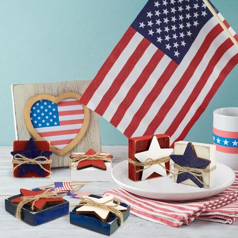 6 Pcs 4th of July Table Decor Patriotic Wooden Sign Star Standing Block Centerpiece for Independence Day Farmhouse Home Party Table Tiered Tray Decor (Star Blocks) in Saudi Arabia