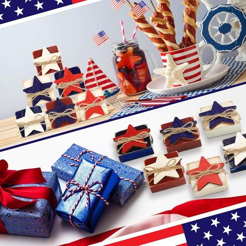 6 Pcs 4th of July Table Decor Patriotic Wooden Sign Star Standing Block Centerpiece for Independence Day Farmhouse Home Party Table Tiered Tray Decor (Star Blocks) in Saudi Arabia