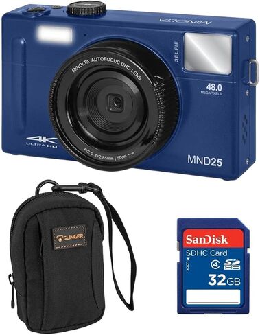 كاميرا مينولتا MND25 الرقمية، تركيز تلقائي 48 ميجابكسل، كاميرا 4K الترا اتش دي مع مرآة سيلفي وبطاقة SD 32 جيجابايت، أزرق، حزمة مع حقيبة كاميرا Slinger (أزرق) in Kuwait