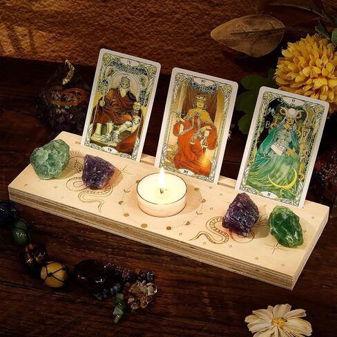 GORGECRAFT 9.5x3.4x0.6 Inch Wooden Tarot Card Stand 2-Slot Candle Holder Moon Phase Eye Pattern Carved Rectangle Shaped Thick Altar Display Stand Holder for Witch Divination Tools Wiccan Supplies in Saudi Arabia