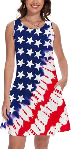 فستان نسائي بدون أكمام ليوم الاستقلال الرابع من يوليو بدون أكمام أحمر وأبيض وأزرق فستان علم الولايات المتحدة الأمريكية مع جيوب in Kuwait