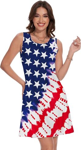 فستان نسائي بدون أكمام ليوم الاستقلال الرابع من يوليو بدون أكمام أحمر وأبيض وأزرق فستان علم الولايات المتحدة الأمريكية مع جيوب in Kuwait