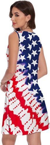 فستان نسائي بدون أكمام ليوم الاستقلال الرابع من يوليو بدون أكمام أحمر وأبيض وأزرق فستان علم الولايات المتحدة الأمريكية مع جيوب in Kuwait