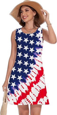 فستان نسائي بدون أكمام ليوم الاستقلال الرابع من يوليو بدون أكمام أحمر وأبيض وأزرق فستان علم الولايات المتحدة الأمريكية مع جيوب in Kuwait