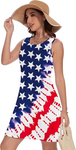 فستان نسائي بدون أكمام ليوم الاستقلال الرابع من يوليو بدون أكمام أحمر وأبيض وأزرق فستان علم الولايات المتحدة الأمريكية مع جيوب in Kuwait