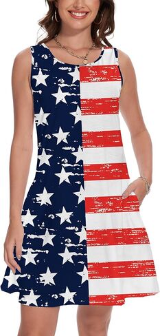 فستان نسائي بدون أكمام ليوم الاستقلال الرابع من يوليو بدون أكمام أحمر وأبيض وأزرق فستان علم الولايات المتحدة الأمريكية مع جيوب in Kuwait