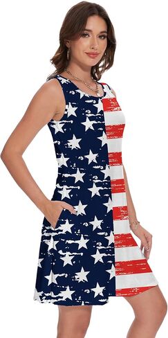 فستان نسائي بدون أكمام ليوم الاستقلال الرابع من يوليو بدون أكمام أحمر وأبيض وأزرق فستان علم الولايات المتحدة الأمريكية مع جيوب in Kuwait