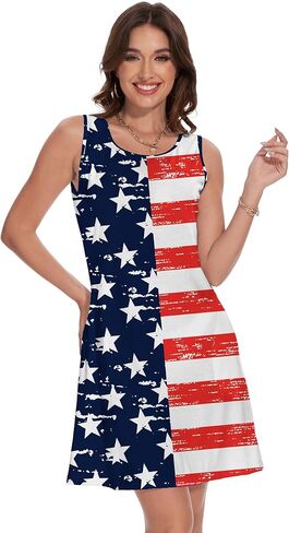 فستان نسائي بدون أكمام ليوم الاستقلال الرابع من يوليو بدون أكمام أحمر وأبيض وأزرق فستان علم الولايات المتحدة الأمريكية مع جيوب in Kuwait