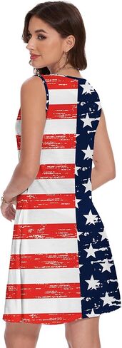 فستان نسائي بدون أكمام ليوم الاستقلال الرابع من يوليو بدون أكمام أحمر وأبيض وأزرق فستان علم الولايات المتحدة الأمريكية مع جيوب in Kuwait