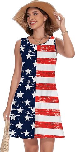 فستان نسائي بدون أكمام ليوم الاستقلال الرابع من يوليو بدون أكمام أحمر وأبيض وأزرق فستان علم الولايات المتحدة الأمريكية مع جيوب in Kuwait