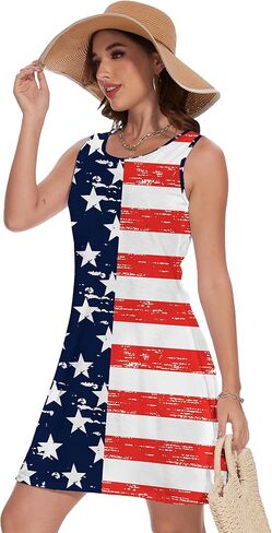 فستان نسائي بدون أكمام ليوم الاستقلال الرابع من يوليو بدون أكمام أحمر وأبيض وأزرق فستان علم الولايات المتحدة الأمريكية مع جيوب in Kuwait