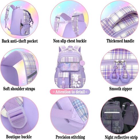 3pcs Girls Backpack With Lunch Box & Pencil Case,Cute Rabbit Kids School Backpack Set For Kindergarten & Elementary School (Style B Purple-16.5in) in Saudi Arabia
