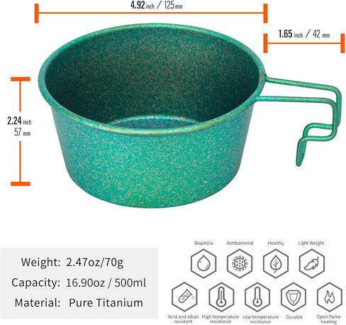 TiTo Titanium 500ML Titanium Sierra Cup Bowl with Handle Portable Lightweight Cookware for Outdoor Camping, Hiking, Backpacking, Picnic, BBQ Kitchen Tableware (Blue Colorful) in Kuwait