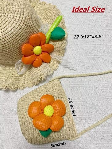 Off White Sunflower Cute Straw Hats Girls Kids Sun Hats Summer Beach Hats Small Straw Woven Purse Hat Bag Sets in Saudi Arabia