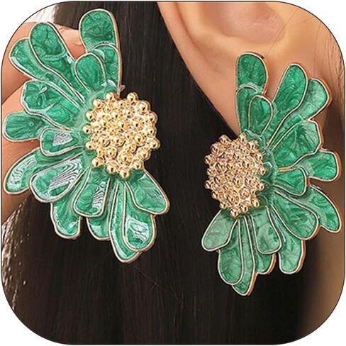 Flower Stud Earrings for Women Green Flower Earrings Large Floral Earrings Big Flower Stud Earrings Jewelry Gift for Girls in Saudi Arabia