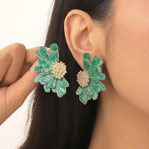 Flower Stud Earrings for Women Green Flower Earrings Large Floral Earrings Big Flower Stud Earrings Jewelry Gift for Girls in Saudi Arabia