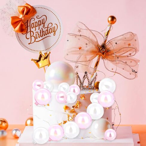 16 Pieces Balls Cake Toppers, Mini Bubble Balls Cake Topper Diy Cupcake Cake Pearl Insert Mini Balloon Cupcake DIY Decoration for Wedding Anniversary Graduation Birthday Cake Party Decorations in Kuwait