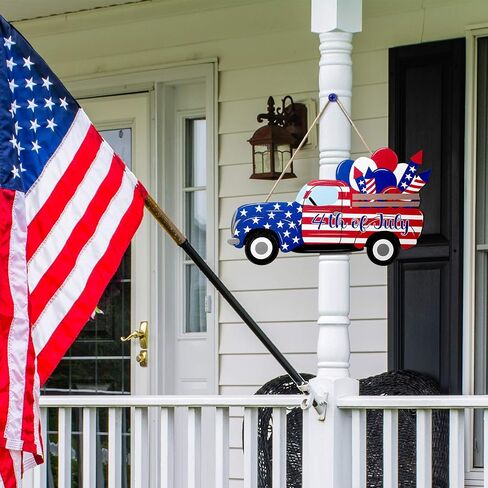 4th of July Hanging Sign Independence Day Decoration American Flag Truck Decor Door Sign Wooden Hanging Truck Sign Plaque Decor for Room Front Door Porch, 11.8 x 4.8 Inch in Saudi Arabia