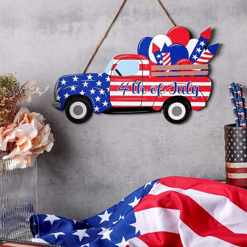 4th of July Hanging Sign Independence Day Decoration American Flag Truck Decor Door Sign Wooden Hanging Truck Sign Plaque Decor for Room Front Door Porch, 11.8 x 4.8 Inch in Saudi Arabia