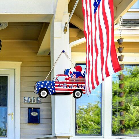 4th of July Hanging Sign Independence Day Decoration American Flag Truck Decor Door Sign Wooden Hanging Truck Sign Plaque Decor for Room Front Door Porch, 11.8 x 4.8 Inch in Saudi Arabia