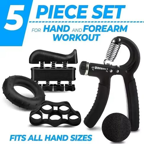 Hand Grip Strengthener Exercise Kit with 5 Pieces, Hand Exerciser for Men Women, Power Hand Grip Trainer, Finger Stretcher, Grip Ring, Stress Relief Ball, for Grip Strength Training in Saudi Arabia