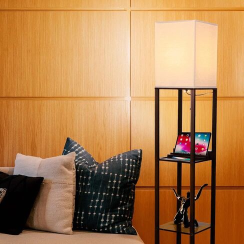 Brightech Maxwell Charger - Modern Shelf Floor Lamp with USB Charging Ports & Electric Outlet - Corner Display Floor Lamps with Shelves for Living Room, Bedroom and Office - White in Saudi Arabia