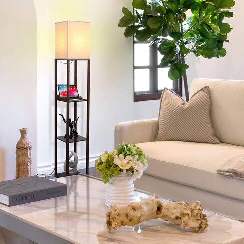 Brightech Maxwell Charger - Modern Shelf Floor Lamp with USB Charging Ports & Electric Outlet - Corner Display Floor Lamps with Shelves for Living Room, Bedroom and Office - White in Saudi Arabia