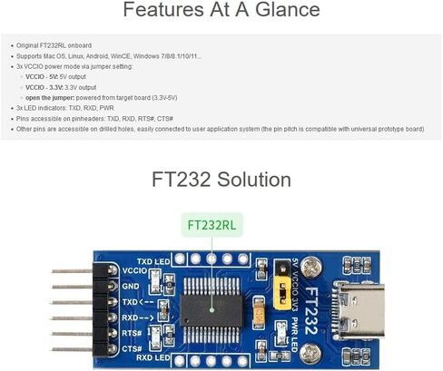 لوحة FT232 USB UART (النوع C)، وحدة محول محول تسلسلي USB إلى TTL على اللوحة الأصلية FT232RL، متوافقة مع نظام التشغيل Mac Linux Android Wince Windows 7/8/8.1/10/11، 5V/3.3V UART (TTL) in Kuwait