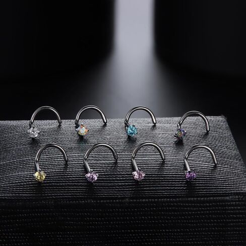 LOYALLOOK 8PCS Nose Rings Studs Titanium Nose Rings CZ Opal L Shaped Screw Studs Rings for Women Nose Screw Studs 18G/20G Samll Nose Stud Corkscrew Nose Rings Piercing Jewelry, 2mm in Saudi Arabia