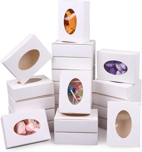 PINKXHY 100 PCS Mini Kraft Paper Box with Window Round Soap Packaging Boxes Craft Cardboard Present Box for Homemade Soap Favor Treat Bakery Candy, 3.8 x 2.8 x 1.2 Inch (White) in Saudi Arabia
