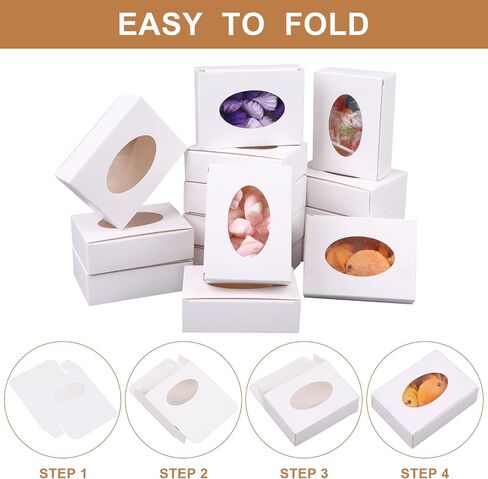 PINKXHY 100 PCS Mini Kraft Paper Box with Window Round Soap Packaging Boxes Craft Cardboard Present Box for Homemade Soap Favor Treat Bakery Candy, 3.8 x 2.8 x 1.2 Inch (White) in Saudi Arabia