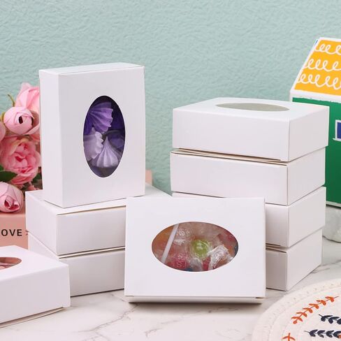 PINKXHY 100 PCS Mini Kraft Paper Box with Window Round Soap Packaging Boxes Craft Cardboard Present Box for Homemade Soap Favor Treat Bakery Candy, 3.8 x 2.8 x 1.2 Inch (White) in Saudi Arabia