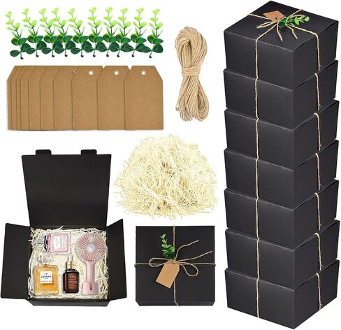 32Pcs Gift Boxes Set 10 Bridesmaid Proposal Box, 10 Kraft Gift Tags and Eucalyptus Leaves Stems Paper Shred Filler 1 Twine Rope, Black Gift Boxes for Present, Wedding, Christmas, Birthday (8 x 8 x 4inch) in Saudi Arabia