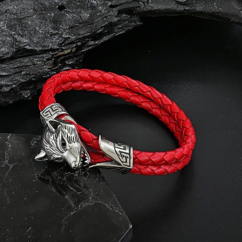 Wolf Bracelet Stainless Steel Leather Braided Bracelet Punk Jewelry for Mens in Saudi Arabia