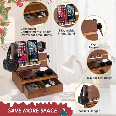 محطة إرساء الهاتف الخشبية، منظم ساعة منضدة، قاعدة حامل هاتف خشبية، للرجال، هدية عيد ميلاد للأب in Kuwait