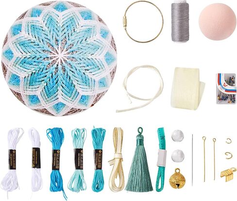 EEE ELECRELIVE DIY Embroidery Kit Temari Ball Set with 45mm Round Ball, Cotton Threads, Tassels, Bowknot, Needles Assorted DIY Finding Tools for Art Crafts Bag Decor, Champagne Yellow (with Manual) in Kuwait