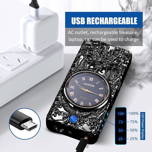 ولاعة رائعة مع ولاعة كهربائية بقرص الساعة مع شاشة عرض طاقة LED ولاعة بلازما مقاومة للرياح USB قابلة لإعادة الشحن هدايا للرجال والنساء (BlackDragon) in Saudi Arabia