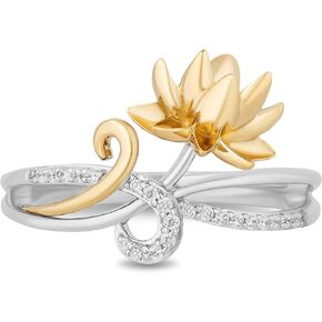 Jewelili Enchanted Disney Fine Jewelry Sterling Silver and 10K Yellow Gold 1/10 Cttw Natural White Round Diamond Tiana Lotus Ring