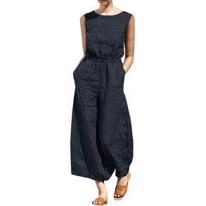 bothandy Women Summer Casual Sleeveless Loose Wide Legs Pants Elastic Waist Jumpsuits with Pocket