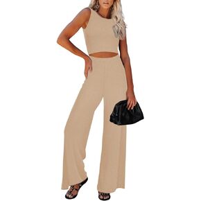 Pink Queen Women's Summer Crew Neck Sleeveless Cutout High Waisted Wide Leg Long Pants Ribbed Jumpsuits Romper