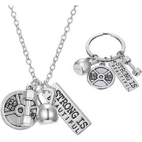 RINHOO Unisex Stainless Steel Fitness Weightlifting Gym with Quotes Workout Weight Plate Barbell Dumbbell Exercise Charms Pendant Necklace White Gold Plated/Gold Plated