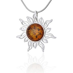 AMBEDORA Women's 925 Silver Necklace Silver Finish Shine with Nano Protection Coating Round Natural Baltic Amber Pendant Amber Sunshine on Chain Gift Set