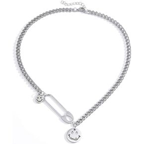 GulCean Safety Pin Necklace Men Women Unisex Stainless Steel Punk Rock Hip Hop Goth Edgy Kpop cool Stylish Smile Face Charm Choker Necklace for Teen Eboy Egirl
