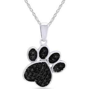 AFFY 925 Sterling Silver Round Cut Enhanced Black Natural Diamond Accent Dog Paw Print Pendant Necklace With 18" Chain