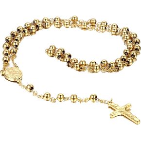 Flongo Mens Women Vintage Stainless Steel 6mm Beads Gold Jesus Christ Crucifix Cross Rosary Pendant Necklace, 30 inch