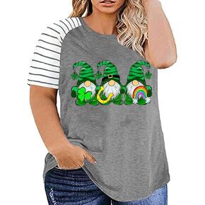 Plus Size St. Patrick's Day T-Shirt Women Cute Gnomes Shamrock Printed Shirt Tops Short Sleeve Casual Graphic Tees