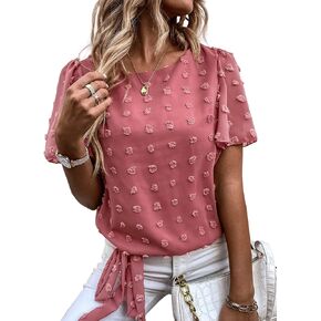 SweatyRocks Women's Swiss Dot Short Sleeve Round Neck Chiffon Blouse Top Solid Tie Knot Hem Pom Pom Shirts
