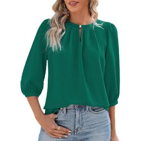 Rapbin Keyhole V Neck Puff 3/4 Length Sleeve Womens Tops Dressy Casual Chiffon Work Blouses Pleated T-Shirts Loose Fit S-XXL