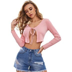 SweatyRocks Women's Tie Up Open Front Long Sleeve Crop Top T Shirt